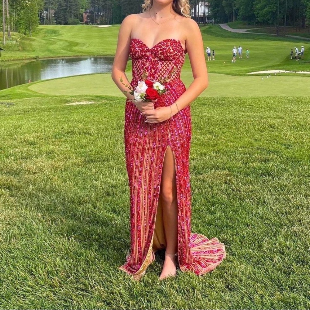 Pink and red Sherri Hill 57065 prom dress size 00 - Picture 2 of 7